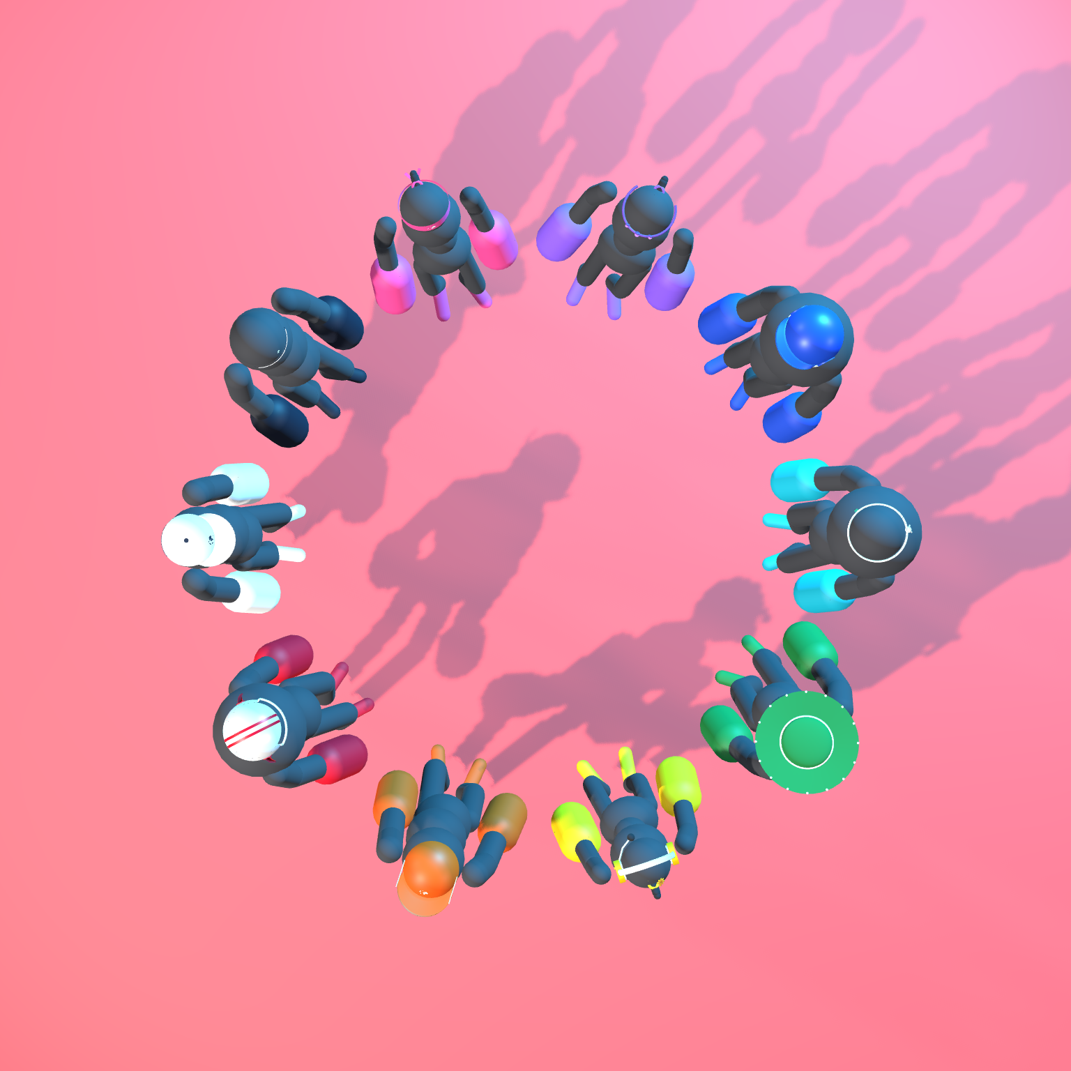 Ten Colors, One Arena: Overhead Top-Down View of the 10 Athletes Huddled at Center Court